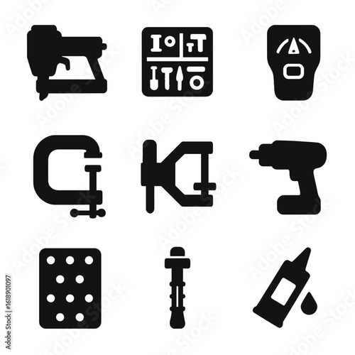 Assembly Tools Icons. Solid, filled icons set of prefabricated assembly tools: nail gun, fastener kit, stud