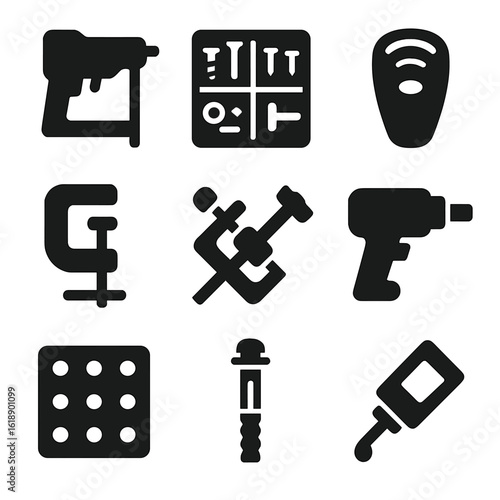 Assembly Tools Icons. Solid, filled icons set of prefabricated assembly tools: nail gun, fastener kit, stud