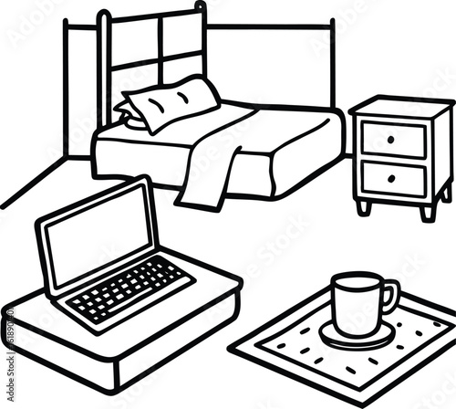 dorm with laptop on bed cup of tea and rug