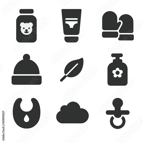 Baby Care Icons. Solid, filled icons set of baby skin protection: baby lotion, diaper cream, soft mittens,