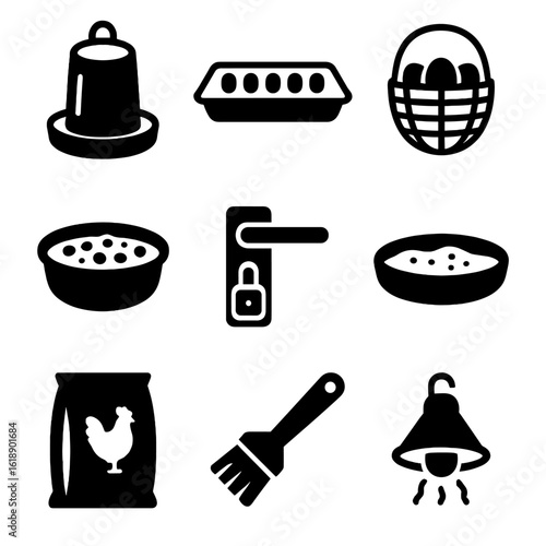 Backyard Chicken Care Icons. Solid, filled icons set of backyard chicken care: waterer, feeder tray, egg