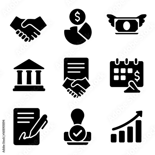 Bankruptcy Icons Set. Solid, filled icon set of bankruptcy resolution: handshake, debt settlement, bankruptcy discharge, court