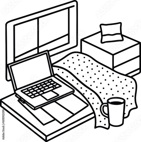 dorm with laptop on bed mug and cozy blanket