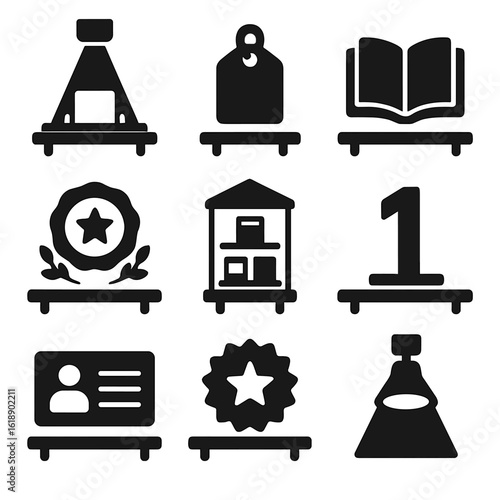 Bestseller Icons Collection. Solid, filled icons set of bestseller shelf display: spotlight beam, shelf tag,