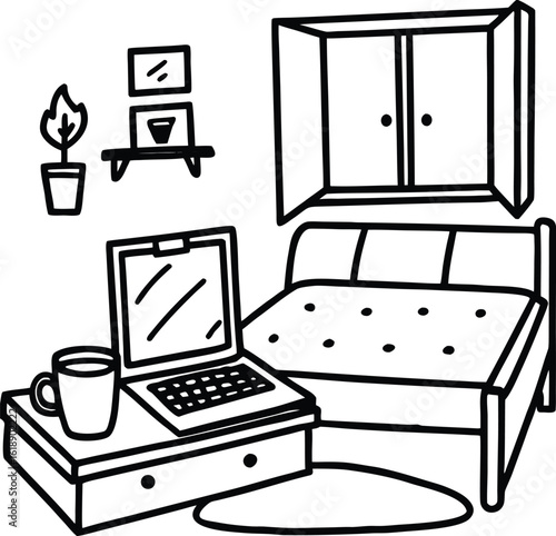 dorm with laptop on bed cup of tea and small table