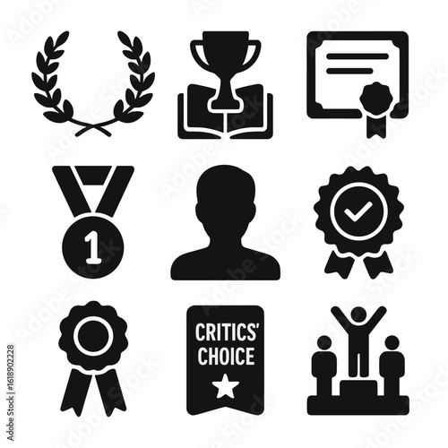 Bestseller Awards Icons. Solid, filled icons set of bestseller awards and recognitions: laurel wreath,