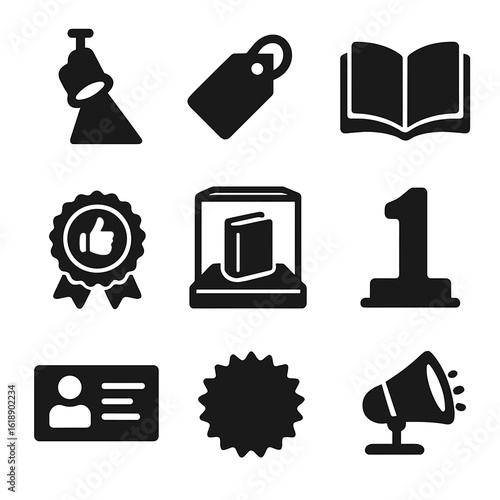 Bestseller Icons Collection. Solid, filled icons set of bestseller shelf display: spotlight beam, shelf tag,