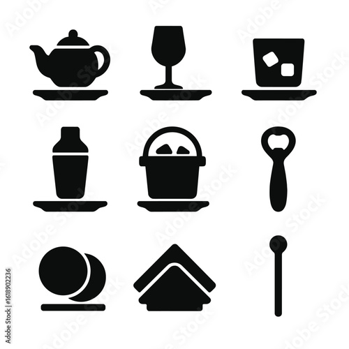 Beverage Service Icons. Solid, filled icon set of trays for beverage service: teapot, wine glass, whiskey tumbler, cocktail shaker