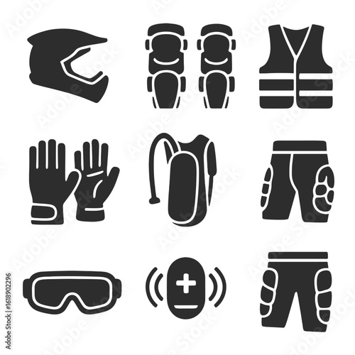 Biking Safety Icons. Solid, filled icons set of biking safety gear: full-face helmet, elbow pads, knee guards,