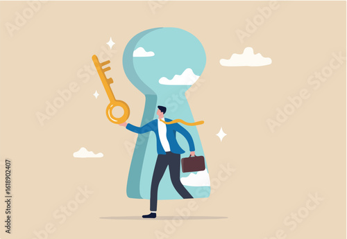 Success secret key discovery, job offer or career opportunity, unlock key to solve problem, leadership key success concept, businessman open door from keyhole to offer secret golden unlock key.