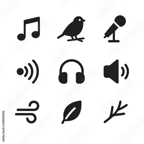 Birdsong Icon Set. Solid, filled icon set of birdsong melody: music notes, bird perched, microphone, sound waves, headphones,