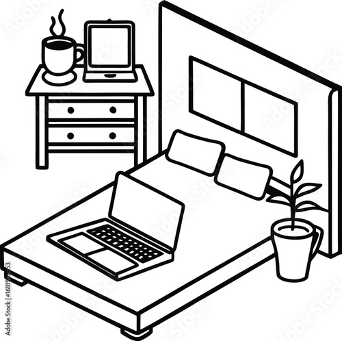 dorm with laptop on bed mug and small table