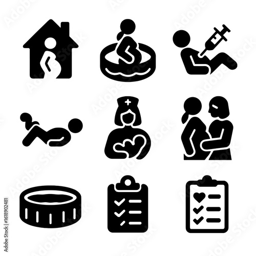 Birthing Options Icons. Solid, filled icon set of birthing options: home birth, water birth, epidural, natural birth, cesarean