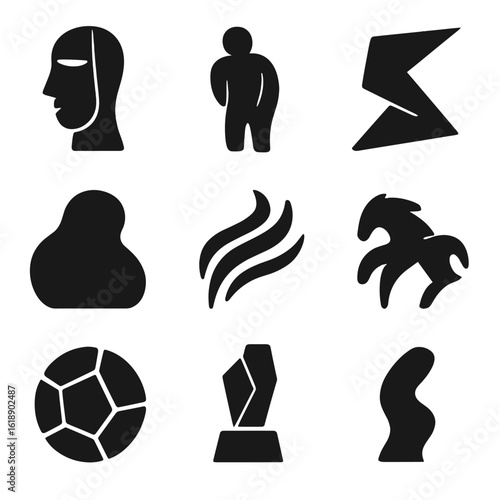 Black Abstract Icons Grid. Solid, filled icon set of sculpture shapes: cubist form, distorted shape, amorphous figure, triangular