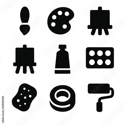 Black Art Tools Icons. Solid, filled icon set of painting tools: paintbrush, palette, easel, canvas, paint tube, mixing tray,
