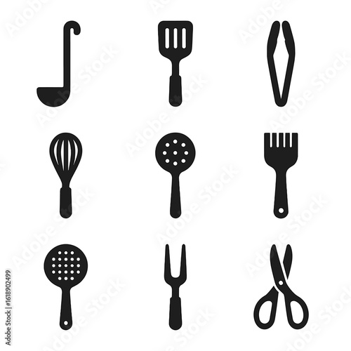 Black Cooking Utensils Grid. Solid, filled icon set of Cooking utensils: ladle, spatula, tongs, whisk, slotted spoon, basting