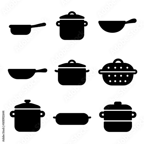 Black Pot Icon Grid. Solid, filled icon set of pots and pans: saucepan, stockpot, wok, cast iron skillet, Dutch oven, steamer