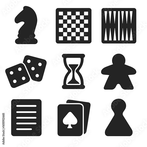 Board Game Icons. Solid, filled icons set of classic board games: chess piece, checkerboard, backgammon board,