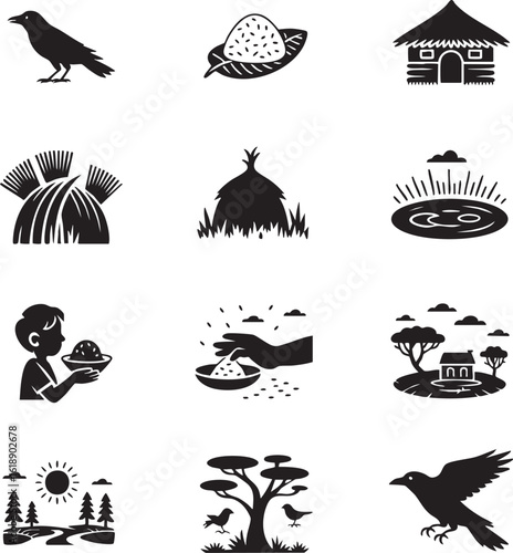 Traditional Farming and Village Life Icons: Rice, Water, and Nature Symbols