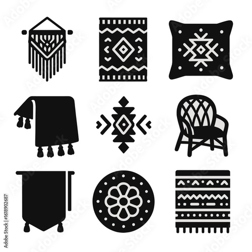 Boho Decor Icons. Solid, filled icons set of boho textile decor: macrame wall, woven rug, patterned pillow,