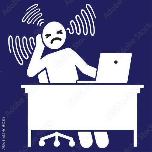 A white pictogram on a blue background depicts a person sitting at a desk with a laptop, visibly annoyed by loud noises. The image