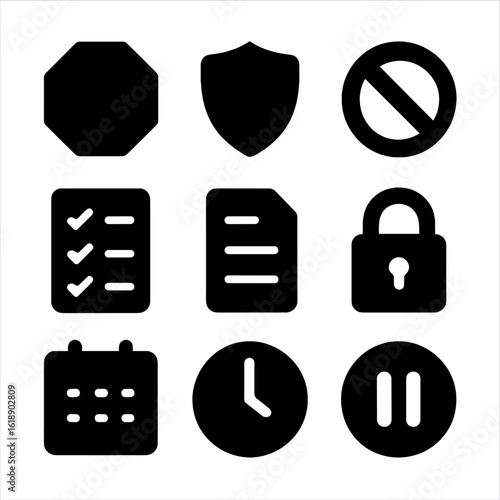 Boundary Icon Set. Solid, filled icon set of boundary setting: stop sign, shield, no entry, checklist, contract, lock, calendar,