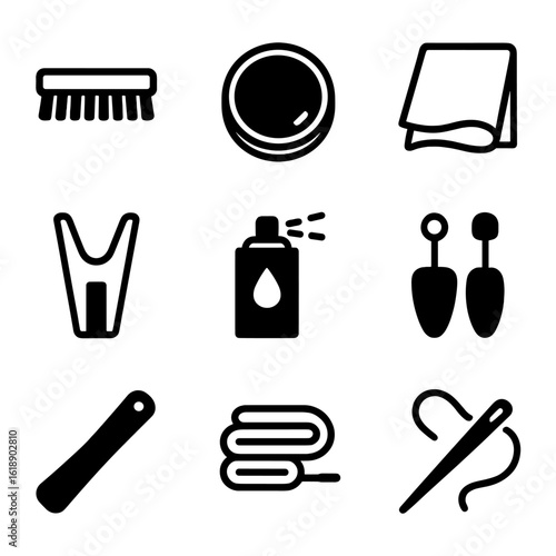 Boot Care Tools Icons. Solid, filled icon set of boot care tools: brush, polish, cloth, boot jack, water repellent spray, boot