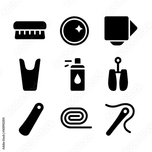 Boot Care Tools Icons. Solid, filled icon set of boot care tools: brush, polish, cloth, boot jack, water repellent spray, boot