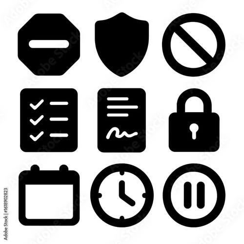Boundary Icon Set. Solid, filled icon set of boundary setting: stop sign, shield, no entry, checklist, contract, lock, calendar,
