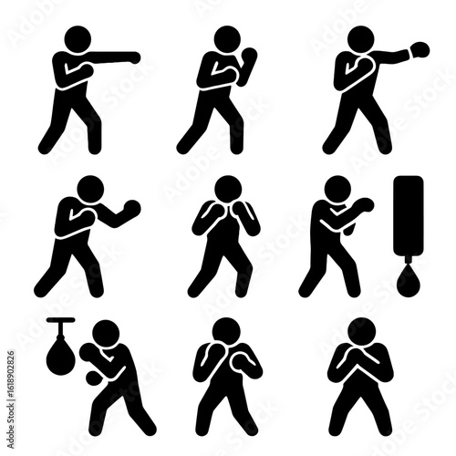 Boxing Icons Grid. Solid, filled icon set of Boxing workout exercises: jab, cross, hook, uppercut, footwork, shadowboxing, heavy