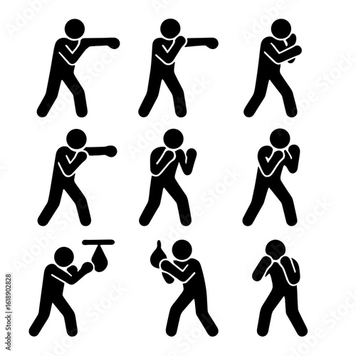 Boxing Icons Grid. Solid, filled icon set of Boxing workout exercises: jab, cross, hook, uppercut, footwork, shadowboxing, heavy