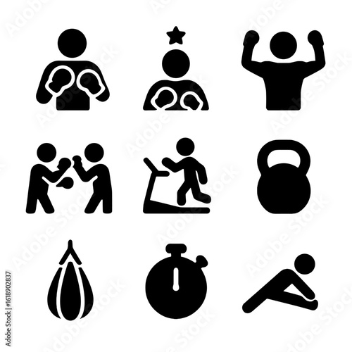 Boxing Training Icons. Solid, filled icon set of Boxing workout training modes: beginner, intermediate, advanced, sparring, cardio