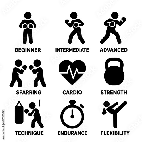 Boxing Training Icons. Solid, filled icon set of Boxing workout training modes: beginner, intermediate, advanced, sparring, cardio