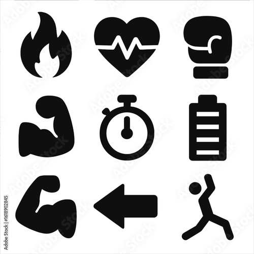 Boxing Icon Metrics. Solid, filled icon set of Boxing workout fitness metrics: calories burned, heart rate, reps count, rounds