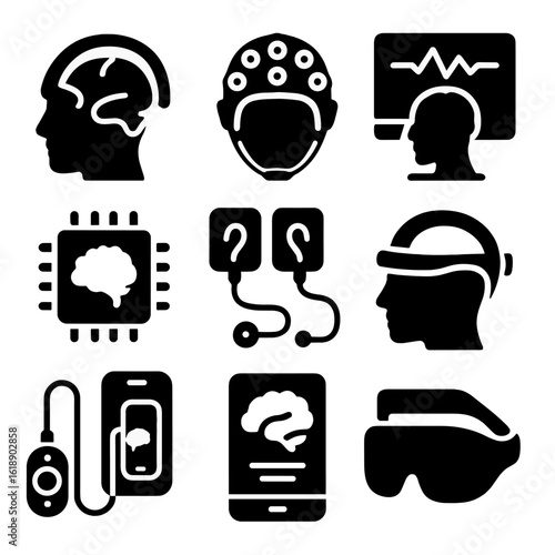 Brain Optimization Icons. Solid, filled icons set of brain optimization devices: tDCS headset, EEG cap,