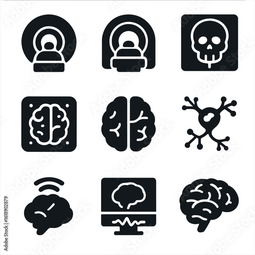 Brain Imaging Icons. Solid, filled icons set of brain imaging technology: MRI scanner, CT scan icon, brain