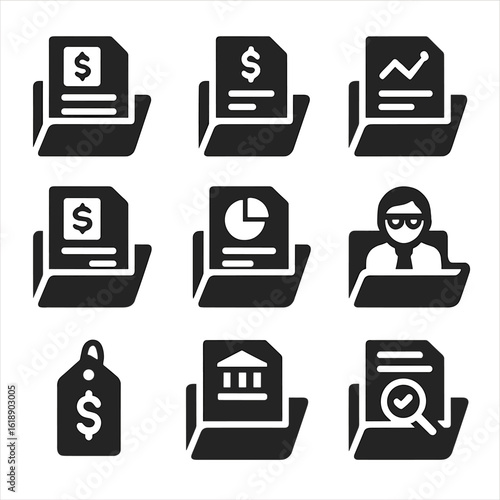 Business Icons Grid. Solid, filled icons set of business accounting folders: client invoice, vendor bill,