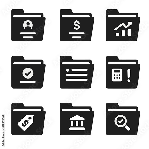 Business Icons Grid. Solid, filled icons set of business accounting folders: client invoice, vendor bill,