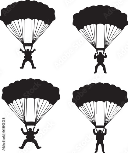 Black silhouette skydivers descending with parachutes skydiving descent