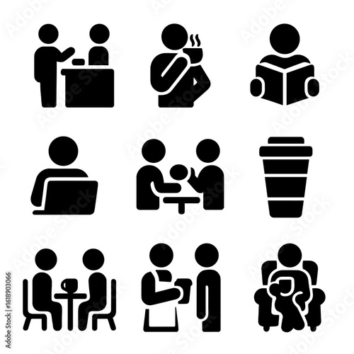 Café Experience Icons. Solid, filled icon set of café customer experiences: ordering at counter, sipping coffee, reading a book,