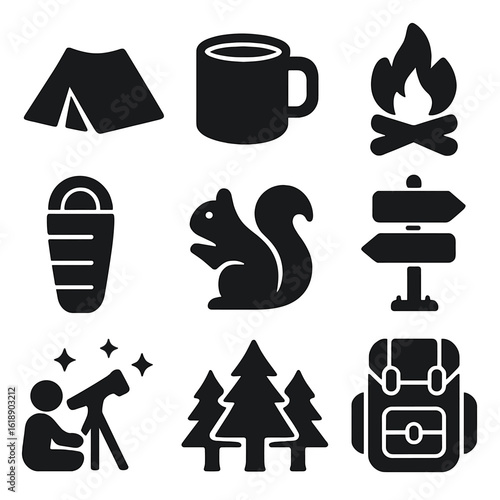 Camping Icons Grid. Solid, filled icons set of camping and forest time: pitched tent, camp mug, crackling fire