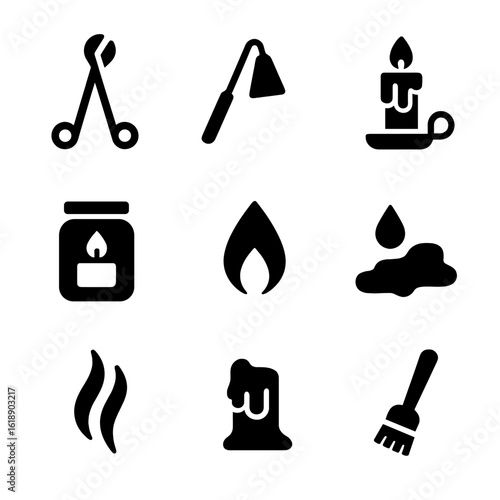 Candle Care Icons. Solid, filled icon set of candle care: wick trimmer, snuffer, candle holder, jar, flame, wax, smoke, melted wax