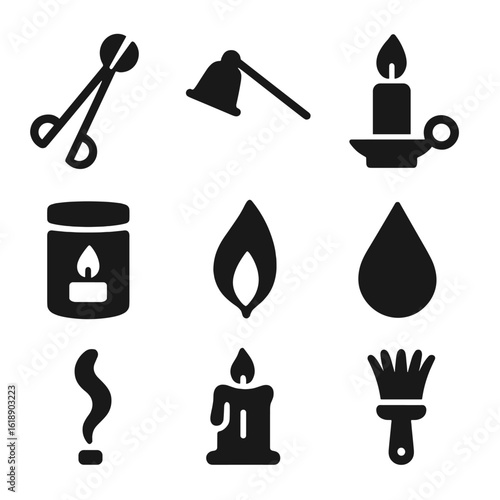 Candle Care Icons. Solid, filled icon set of candle care: wick trimmer, snuffer, candle holder, jar, flame, wax, smoke, melted wax