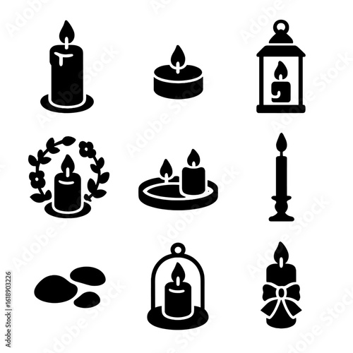 Candle Centerpiece Icons. Solid, filled icons set of candle centerpiece: pillar candle, tea light, lantern