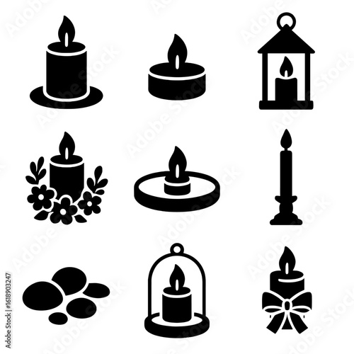 Candle Centerpiece Icons. Solid, filled icons set of candle centerpiece: pillar candle, tea light, lantern