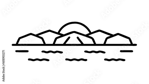 Serene seascape outline with sun rising over ocean and islands, perfect for minimalist design, travel posters, and calming backgrounds