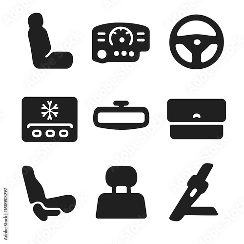 Car Interior Icons. Solid, filled icon set of car interior features: seat, dashboard, steering wheel, air conditioning, rearview