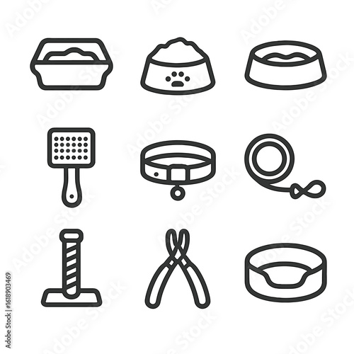 Cat Care Icons. Solid, filled icon set of cat care: litter box, food dish, water dish, grooming brush, collar, leash, scratching