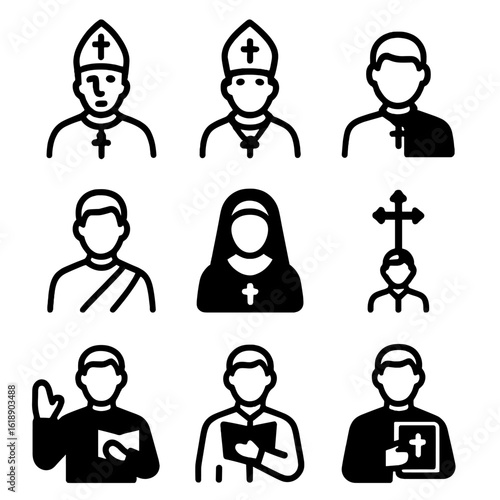 Catholic Clergy Icons. Solid, filled icon set of Catholic clergy and roles: pope, bishop, priest, deacon, nun, altar server,