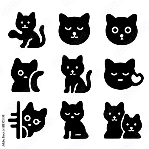Cat Personality Icons. Solid, filled icon set of cat personalities: playful, sleepy, curious, shy, independent, affectionate,